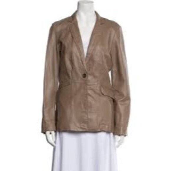 Neiman Marcus Beige Leather Blazer, Size Medium - Picture 1 of 5